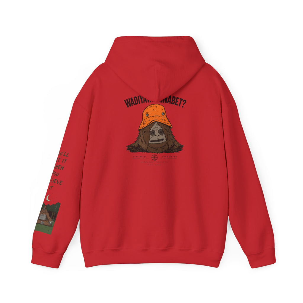 Sasquatch Bucket Hat Hoodie — "Waddy... Waddy" Graphic Pullover