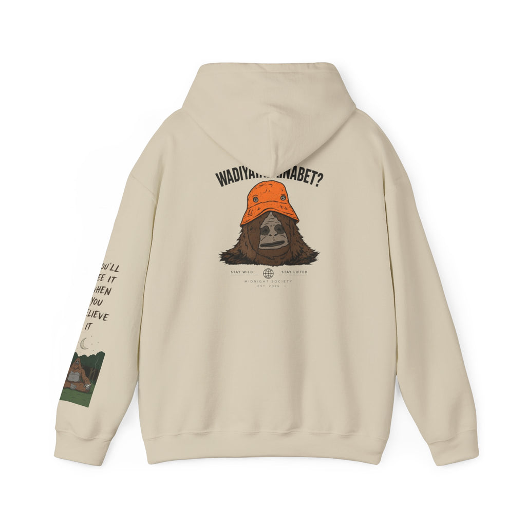 Sasquatch Bucket Hat Hoodie — "Waddy... Waddy" Graphic Pullover