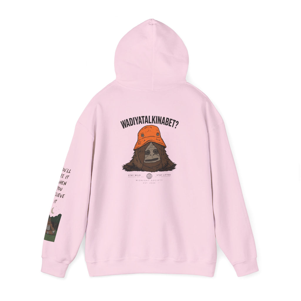 Sasquatch Bucket Hat Hoodie — "Waddy... Waddy" Graphic Pullover