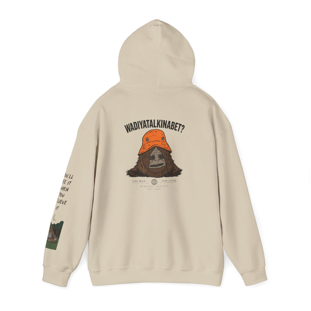 Sasquatch Bucket Hat Hoodie — "Waddy... Waddy" Graphic Pullover