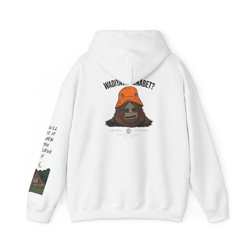 Sasquatch Bucket Hat Hoodie — "Waddy... Waddy" Graphic Pullover