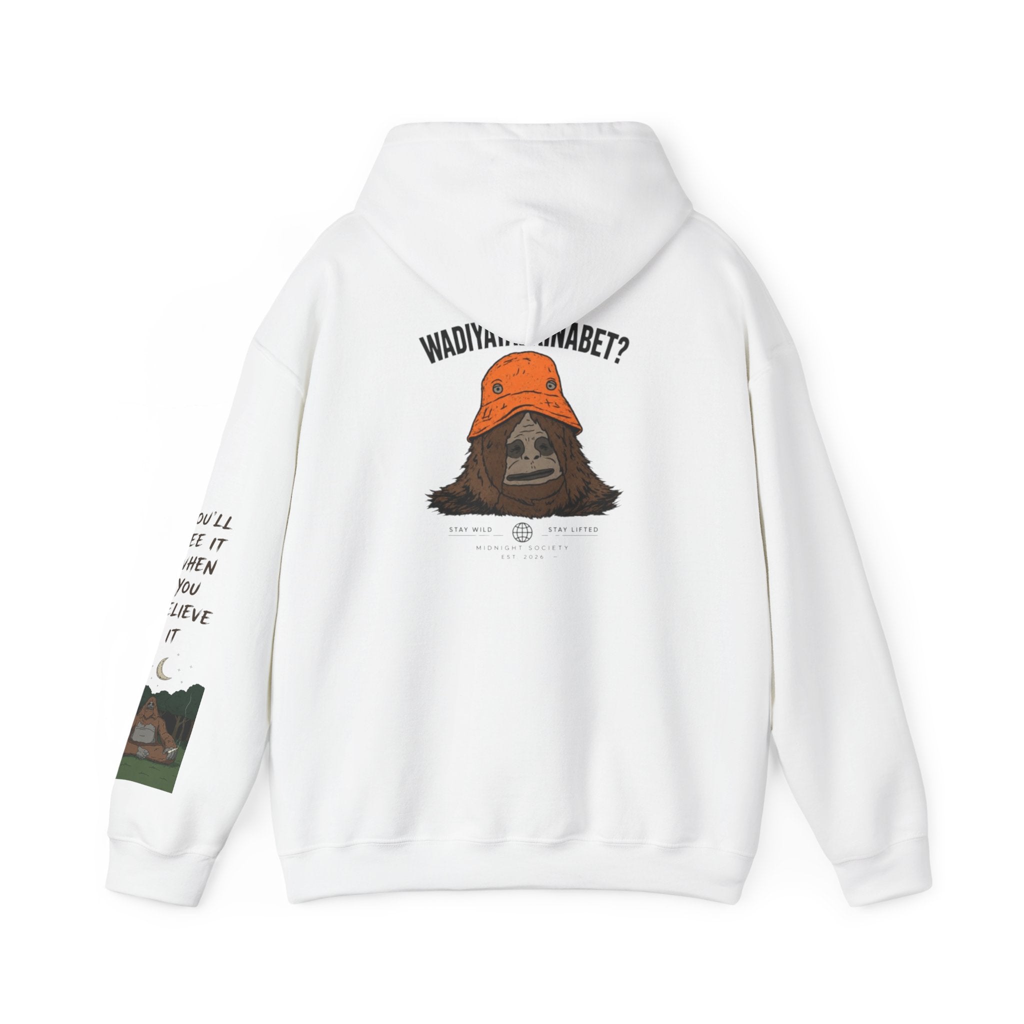 Sasquatch Bucket Hat Hoodie — "Waddy... Waddy" Graphic Pullover