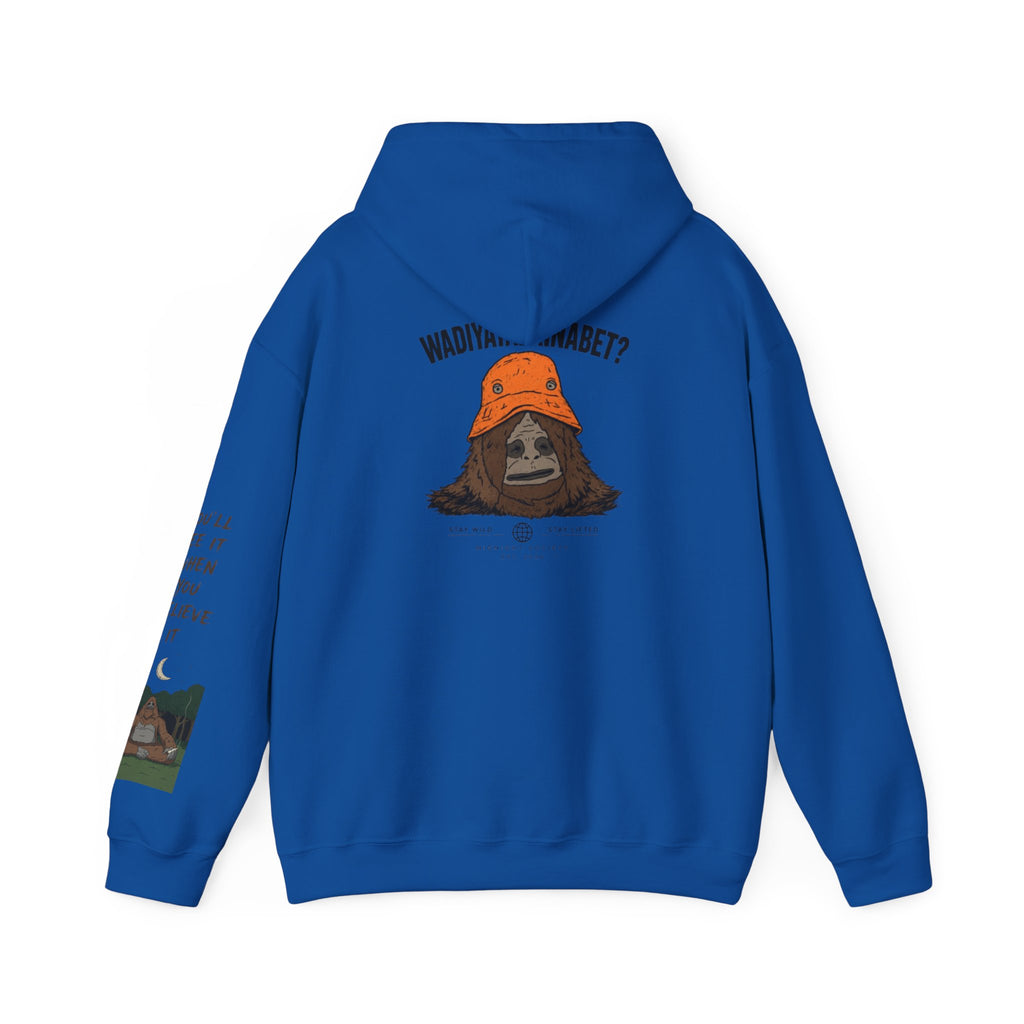 Sasquatch Bucket Hat Hoodie — "Waddy... Waddy" Graphic Pullover