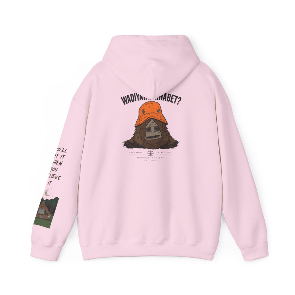 Sasquatch Bucket Hat Hoodie — "Waddy... Waddy" Graphic Pullover