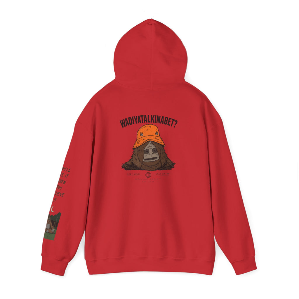 Sasquatch Bucket Hat Hoodie — "Waddy... Waddy" Graphic Pullover