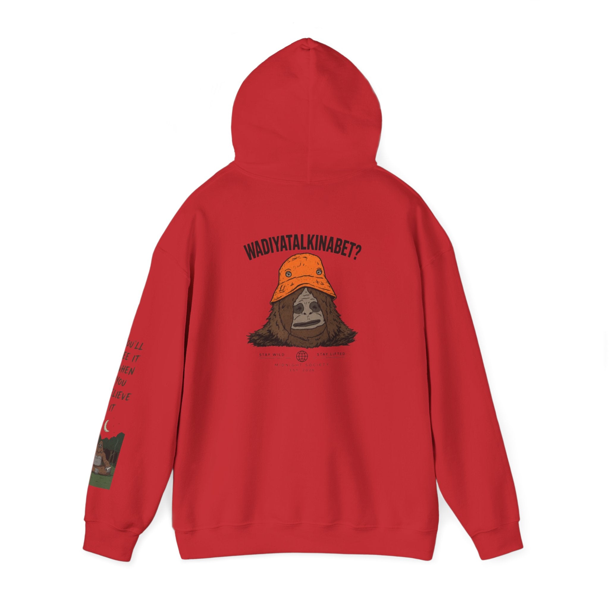 Sasquatch Bucket Hat Hoodie — "Waddy... Waddy" Graphic Pullover