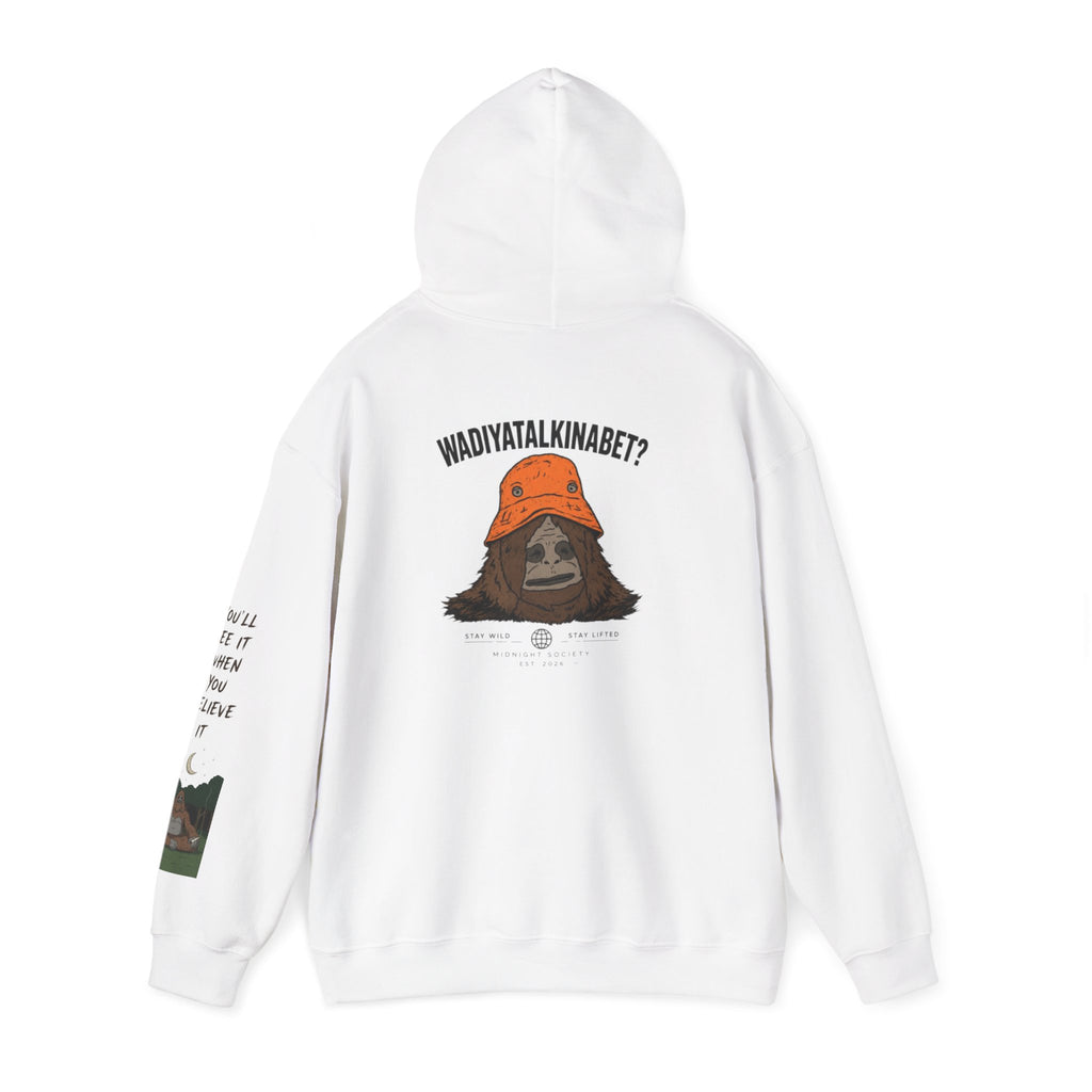Sasquatch Bucket Hat Hoodie — "Waddy... Waddy" Graphic Pullover