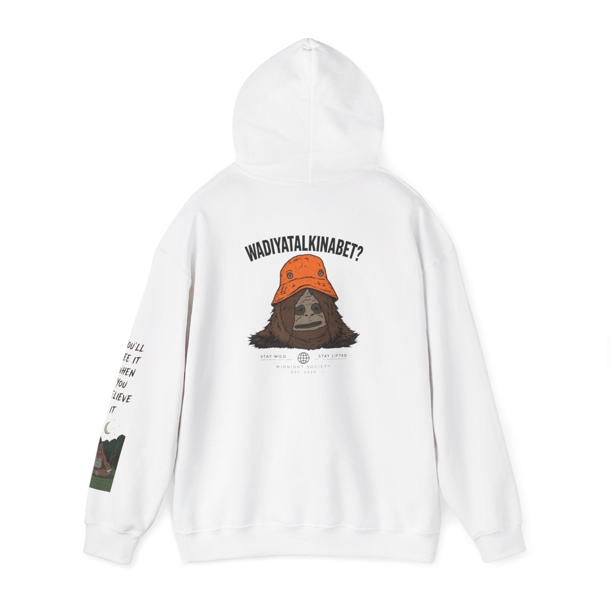 Sasquatch Bucket Hat Hoodie — "Waddy... Waddy" Graphic Pullover